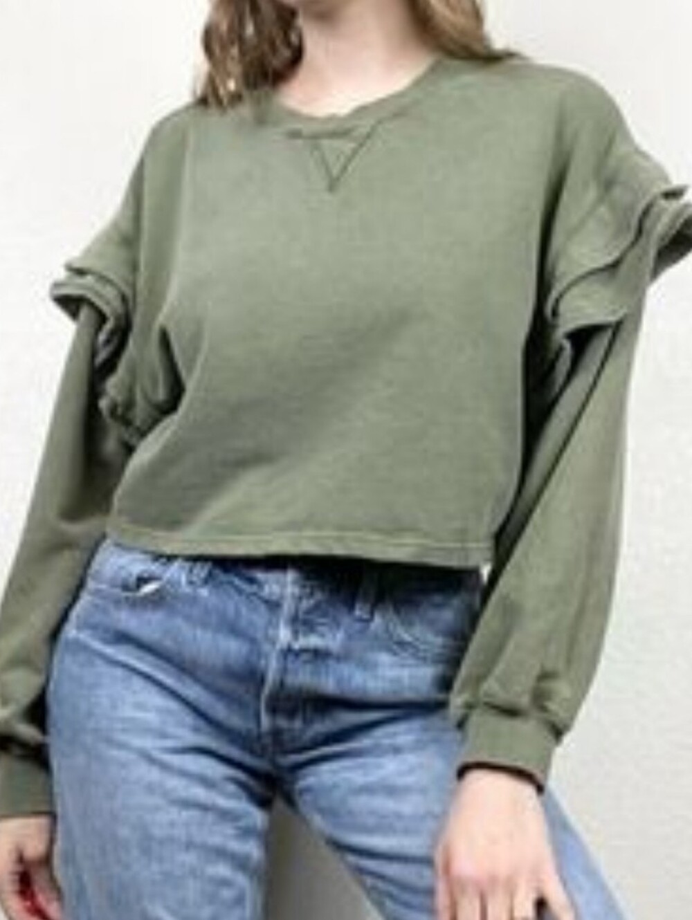 7 For All Mankind Ruffle Shoulder Crewneck Cropped Sweatshirt Small Womens Olive
